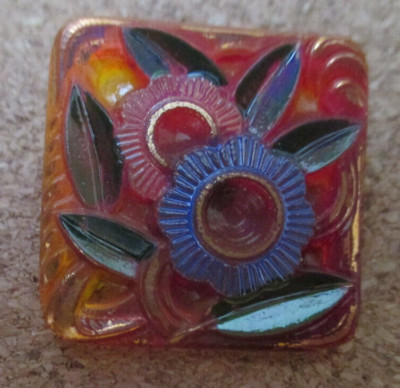 1-Czech Glass  Multicolored Floral Design-UV Reactive Front Red Button #294
