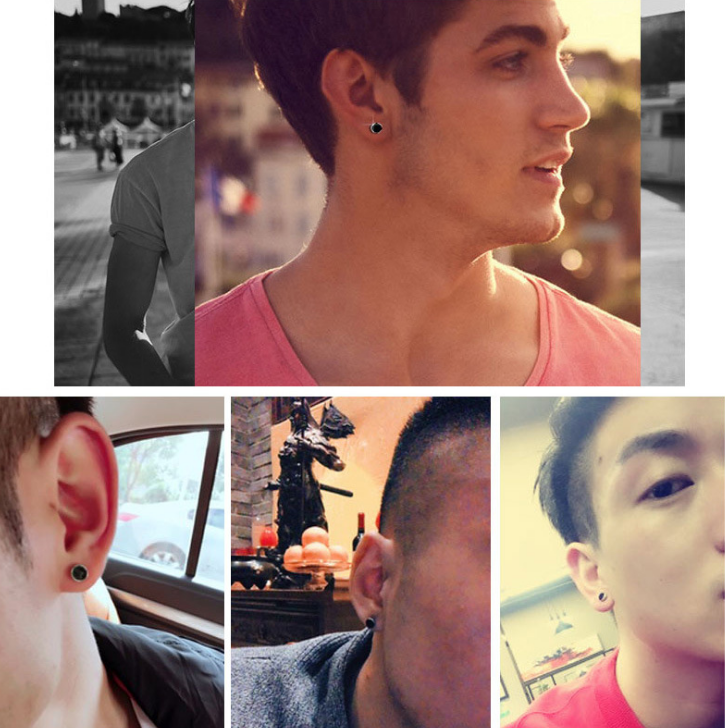 Men 925 Sterling Silver Post Black Enamel Round Stud Earrings gift Box 6/8mm K74