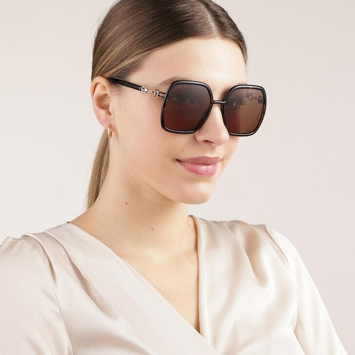 Pre-owned Gucci Gg0890s 002 Sunglasses Havana Brown Metal Rectangle Women 55mm