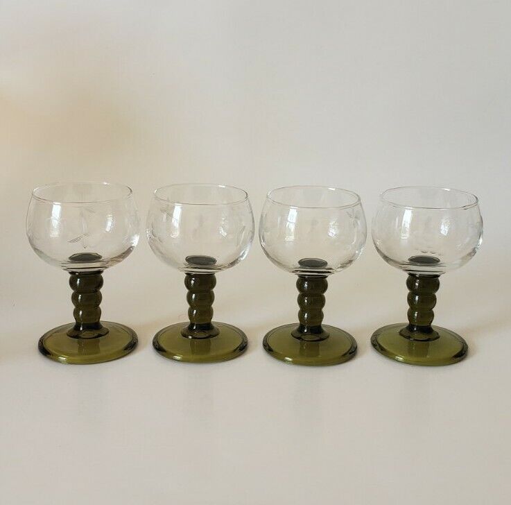 Vtg German Glasses Roemer Etched Grape Cordial Goblets Olive Green Bubble Stem 