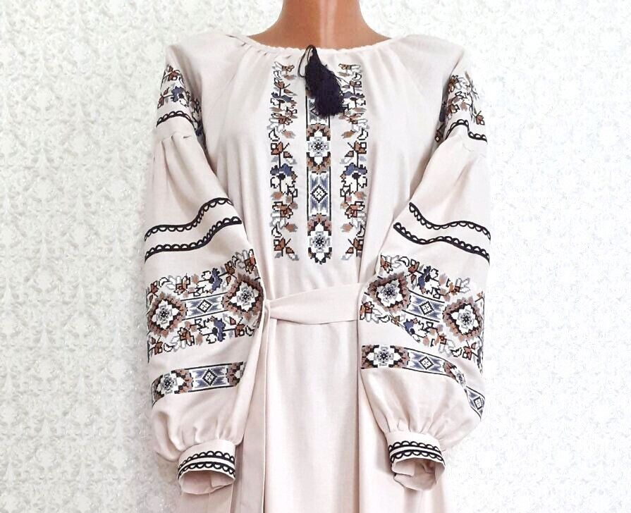 Pre-owned Galychanka Embroidered Blue Dress Boho Style Ukrainian Folk Ethnic Vyshyvanka S M L Xl Xxl