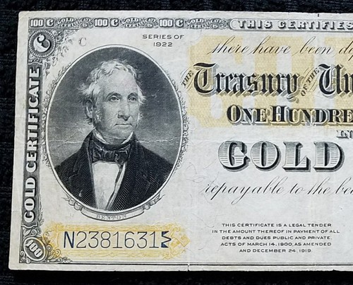 DH Fr 1215 1922 $100 Gold Certificate VF