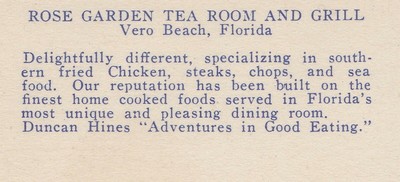 US FL Vero Beach 1930s ROSE GARDEN TEA ROOM and GRILL Motto -Delightful!