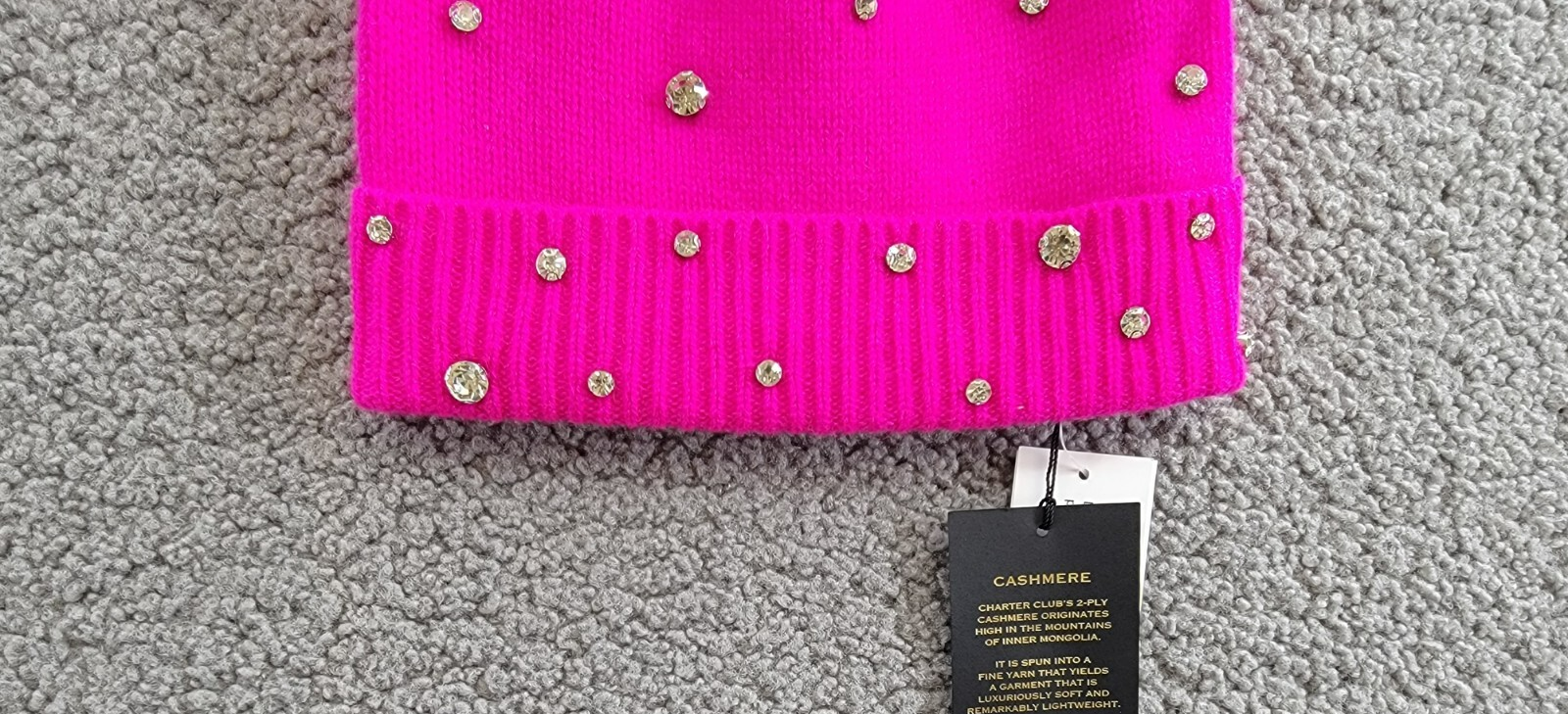 Charter Club Cashmere Embellished Cuffed Beanie Women's One Size Fierce Pink - Picture 4 of 14