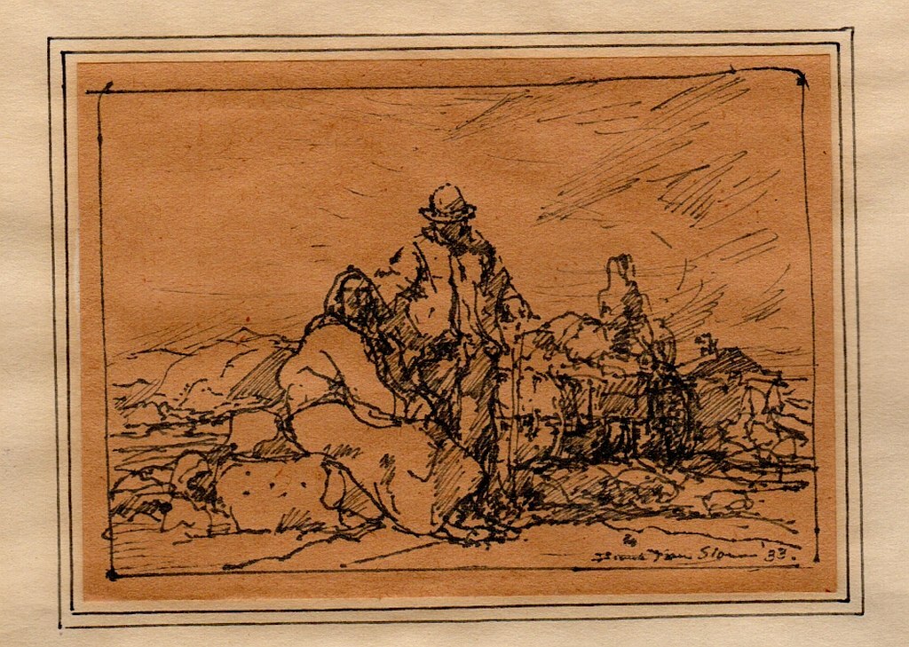 Frank Van Sloun original pen and ink drawing, Landscape with People, signed