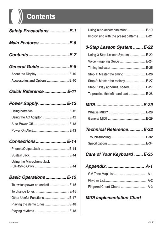 User's Guide & Intructions Casio LK-43, LK-44, LK-45 & LK-46 Electronic Keyboard