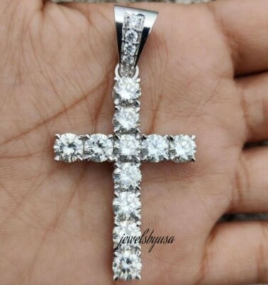 Pre-owned Nsg Tester Passing Moissanite Mens Vintage Cross Charm Pendant Free Chain 925 Silver In White