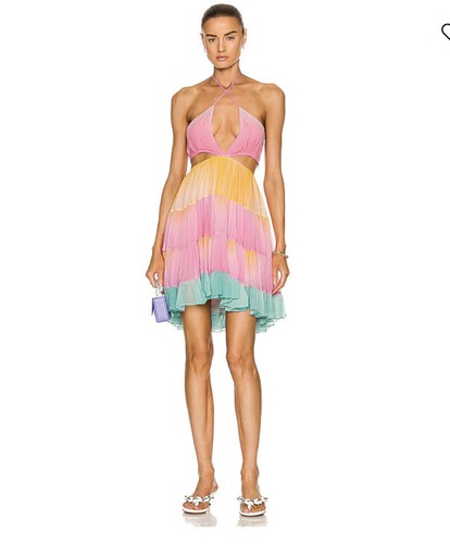 Pre-owned Rococo Sand Zale Tiered Cutouts Cover Up Pastel Ombre Babydoll Mini Dress M In Rainbow