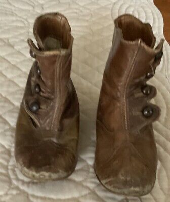Antique Baby Shoes And Socks Brown Leather Buttons Sz 3