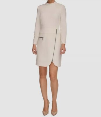 DKNY Women's Ivory Zip Detail Mock Neck Long Sleeve Dress Size 8