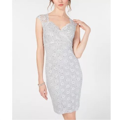 Connected Womens 12 Platinum Silver Lace Sweetheart Sheath Bodycon Dress NWT