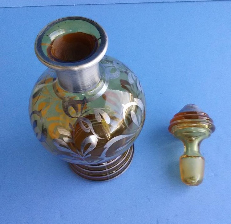 AMBER GLASS DECANTER SILVER OVERLAY 8 3/4