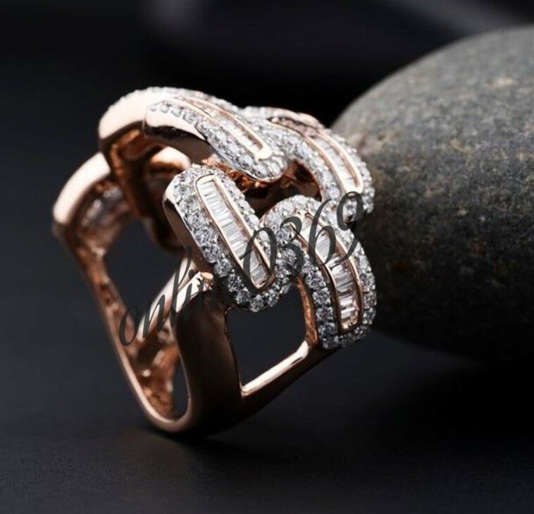 Pre-owned Online0369 3 Ct Baguette Cubic Zirconia Men's Cuban Link Eternity Ring 925 Sterling Silver In White