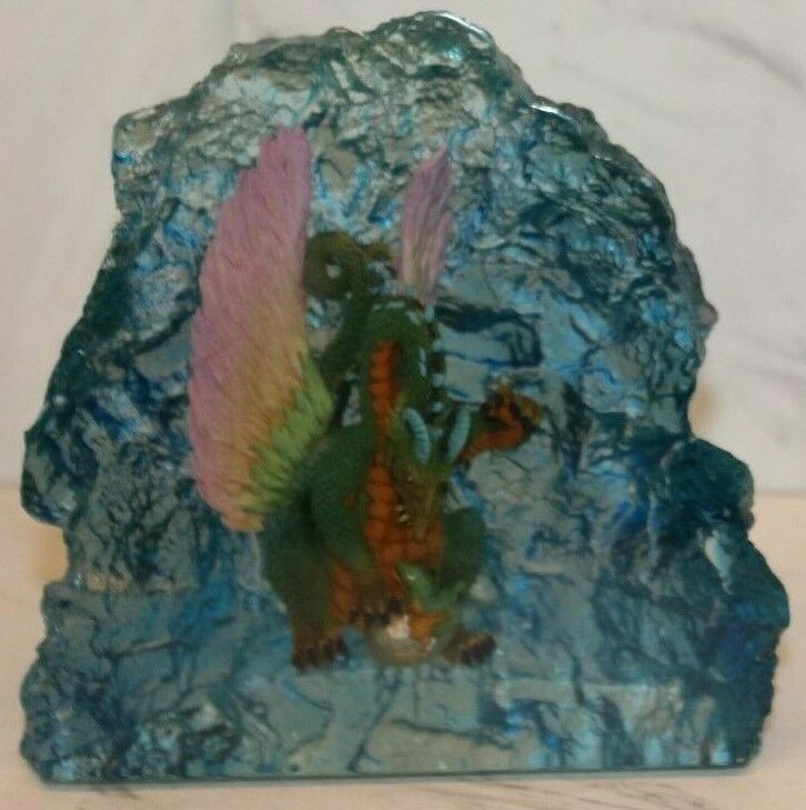 Dragon and Baby in Blue Lucite + Light changing Dragon Hologram in cube