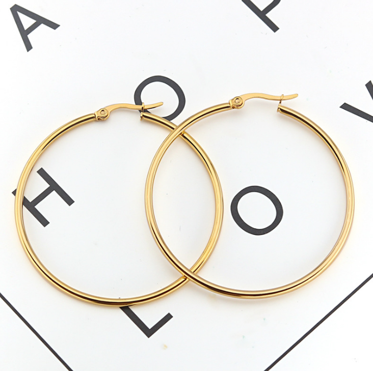 Gold Rose Gold Black Silver Stainless Steel Simple Round Hoop Earrings 10mm-70mm