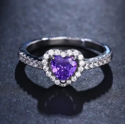 Silver 925 Elevated Purple Heart Ring Size 7.5 - 56