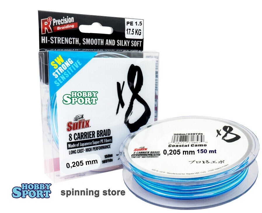 SUFIX X8 DIAM. 0,205 MM CAMO BLUE 150 MT FILO TRECCIATO 8 CARRIER BRAID SPINNING