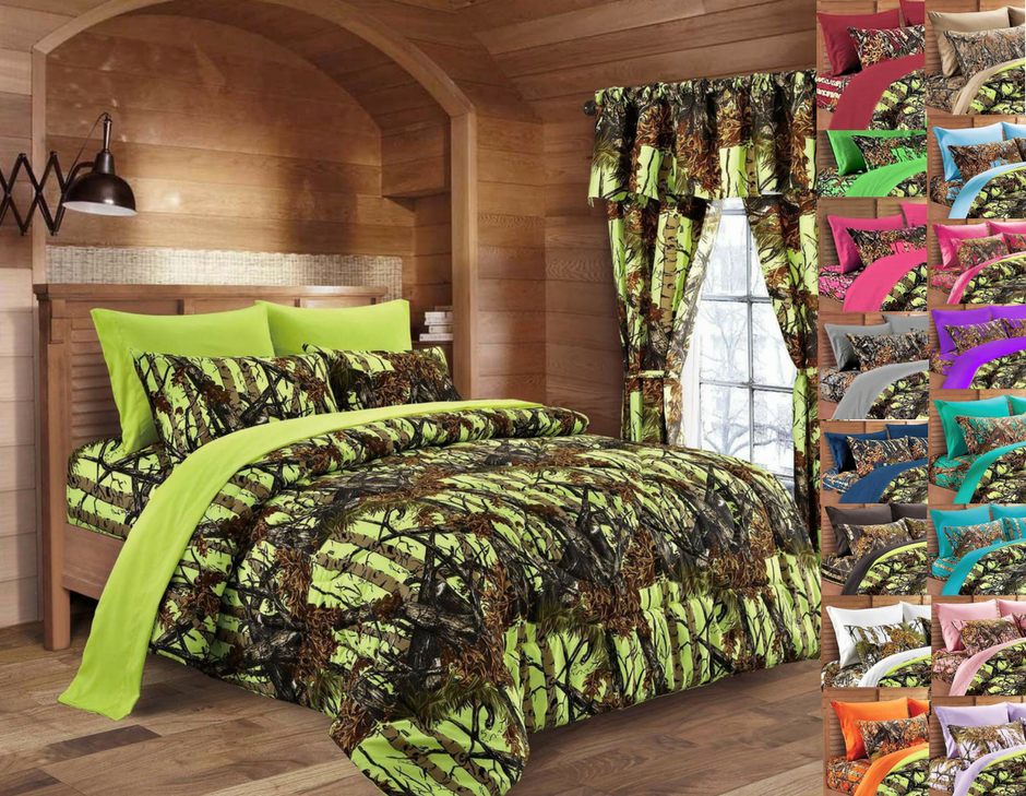 Cal King 7 Pc Lime Camo Bedding Set Comforter Sheet Camouflage