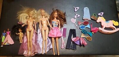 5 vintage Mattel Barbie Dolls and accessories vintage hairbrush bag horse hange