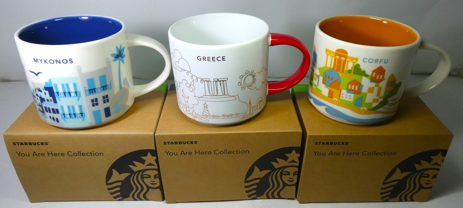Starbucks 3 Coffee Mugs YAH Mykonos,Greece,Corfu 14 oz in Starbucks 3 Coffee Mugs YAH Mykonos,Greece,Corfu 14 oz in