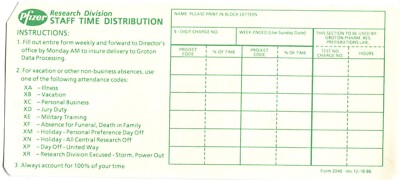 PFIZER  Time Card - Vintage 1986 - Research Division Staff Time Distribution