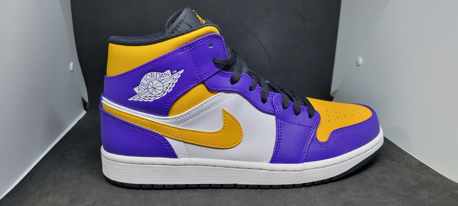 Nike Mens Air Jordan 1 Mid Shoes Purple White Yellow Lakers Nike Mens Air Jordan 1 Mid Shoes Purple White Yellow Lakers