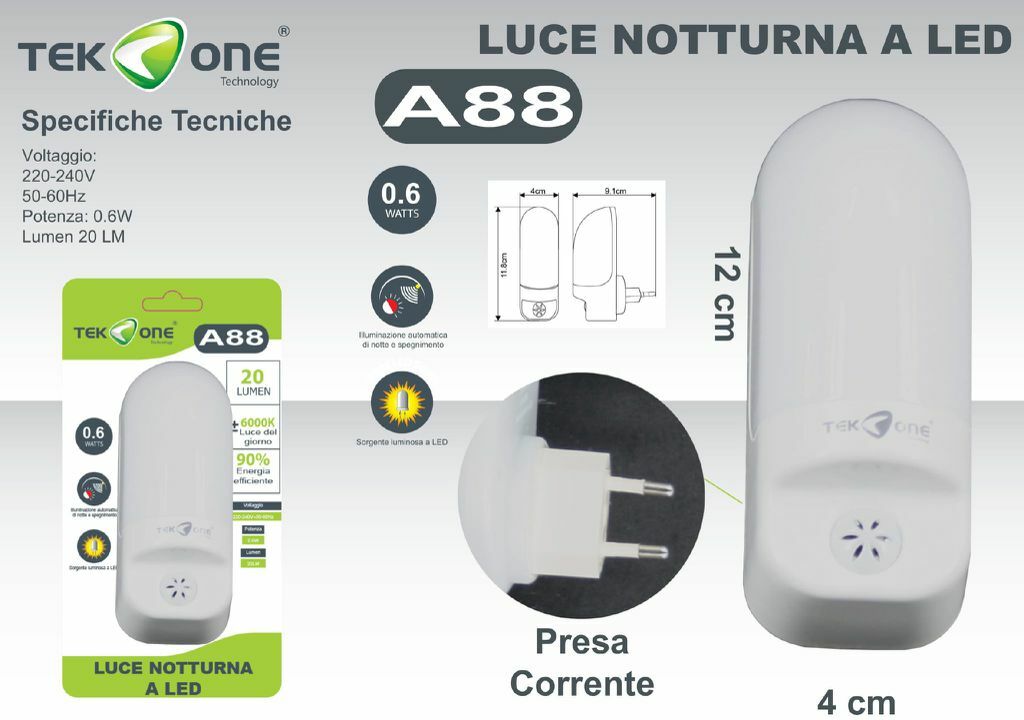 Luce Notturna Led Con Sensore TeKone A88 Notte Giorno Casa Crepuscolare hsb