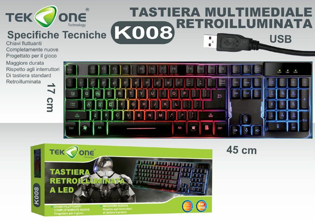Tastiera RetroIlluminata Led TeKone K008 Multimediale Cambia Colore Usb Pc hsb