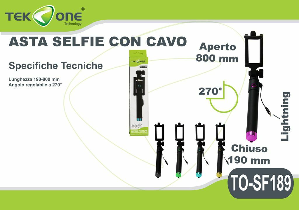 Asta Selfie TeKone TO-SF189 Bastone Regolabile Con Cavo Lightning Smartphone hsb