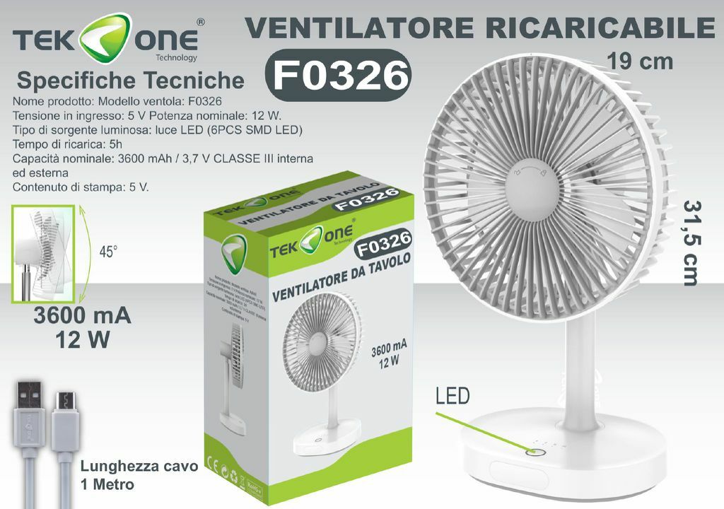 Ventilatore TeKone F0326 Da Tavolo Con Led Ricaricabile 12W 3000mA hsb