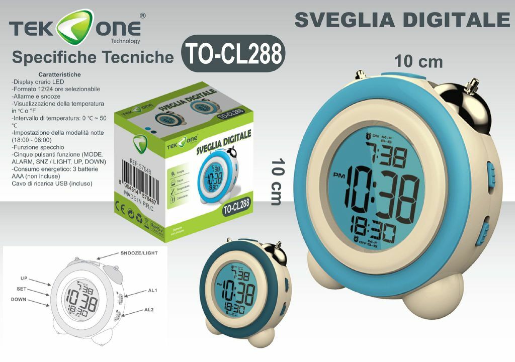Orologio Sveglia Datario TeKone To-cl288 Retro' Digitale Da Tavolo Lcd hsb