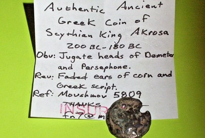 Scythian King Akrosa 180 BC authentic ancient GREEK COIN jugate heads corn good