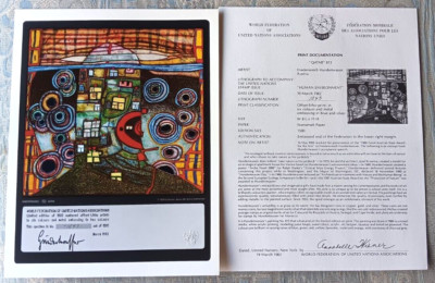 FRIEDENSREICH HUNDERTWASSER AUSTRIA  1982'' QATAR 813'' LITHO PRINT WITH COA