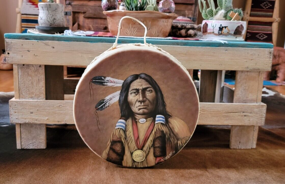 Native American! Indian Tarahumara Hand Painted Drum by Artist Salvador Vicencio
