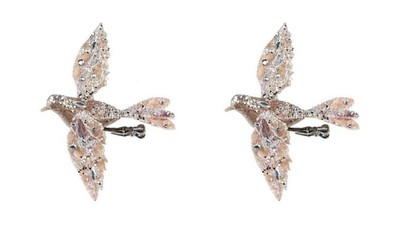 6'' Rose Gold Velvet and Beads Flying Bird Clip-On Christmas Ornament Set of 2