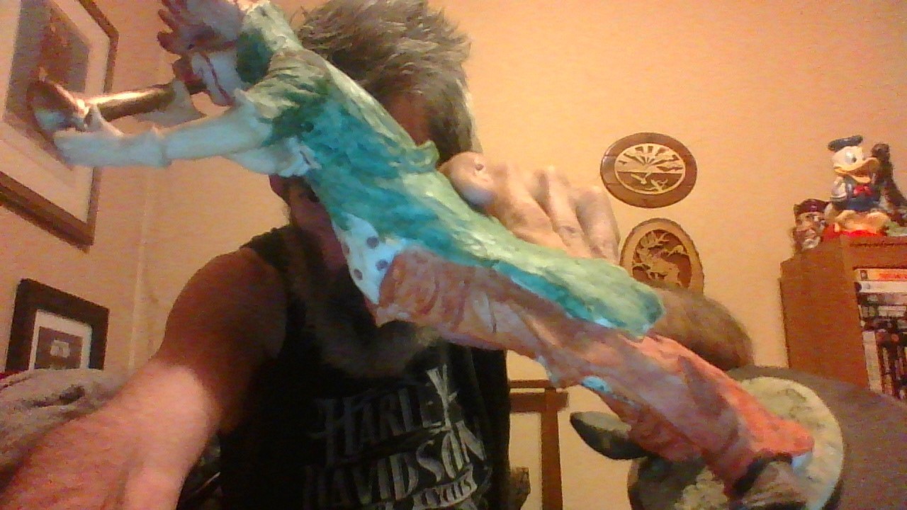 CLOWN FIGURINE 11 inch ceramic on wood base horn blower in perfect condition