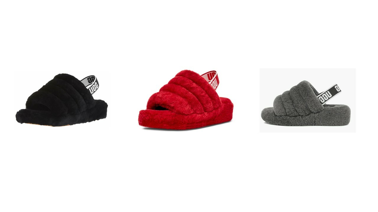 UGG Soft Fluff Yeah Slide Slippers Женская обувь Sandal Black, Ribbon Red, Charcol