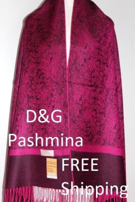 DG Pashmina Shawl Scarf Wrap,Paisley Hot pink/Black,Silk,Cashmere.Soft #027