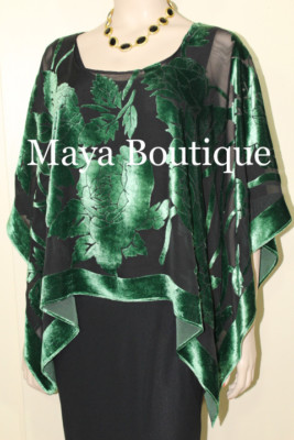 Pre-owned Maya Matazaro Silk Burnout Velvet Poncho Kimono Top Emerald & Black No Fringe  In Green