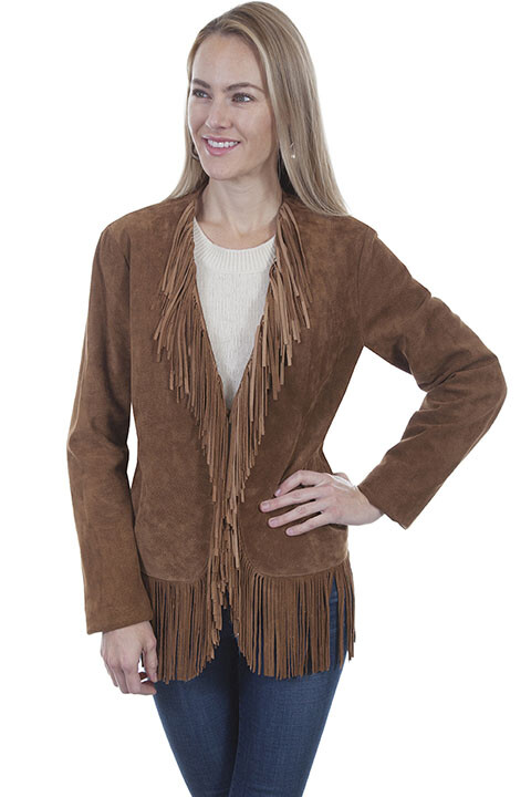 Pre-owned Scully Women's Suede Western Fringe Jacket L1003 In Cinnamon Boar Suede