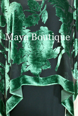 Pre-owned Maya Matazaro Silk Burnout Velvet Poncho Kimono Top Emerald & Black No Fringe  In Green