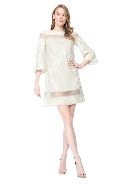 Pre-owned Tadashi Shoji Silver Chain Mesh Embroidered Tulle Belle Sleeve Tunic Dress