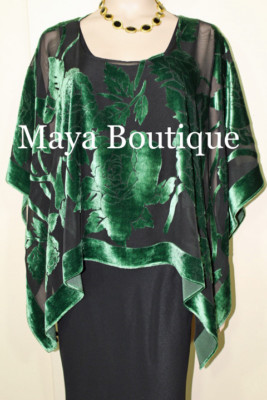 Pre-owned Maya Matazaro Silk Burnout Velvet Poncho Kimono Top Emerald & Black No Fringe  In Green