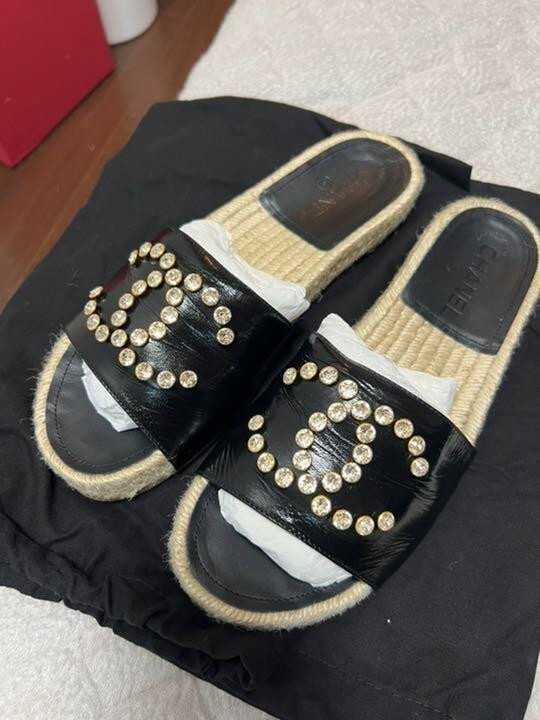 CHANEL Big COCO MARK Beads Flat Sandals Mules Pumps Shoes