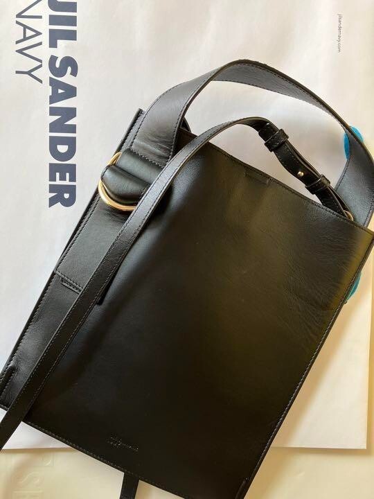 JIL SANDER NAVY Leather Tote Handbag 2way Shoulder Bag Black