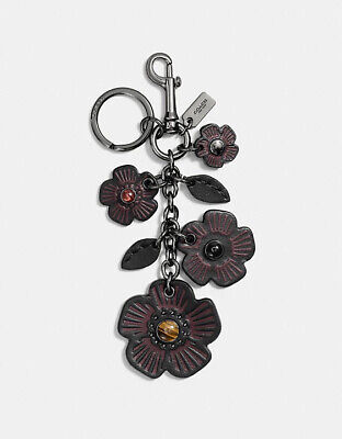 NWT Coach Tea Rose Mix Willow Floral Bag Charm Keychain Black /Oxblood 56721