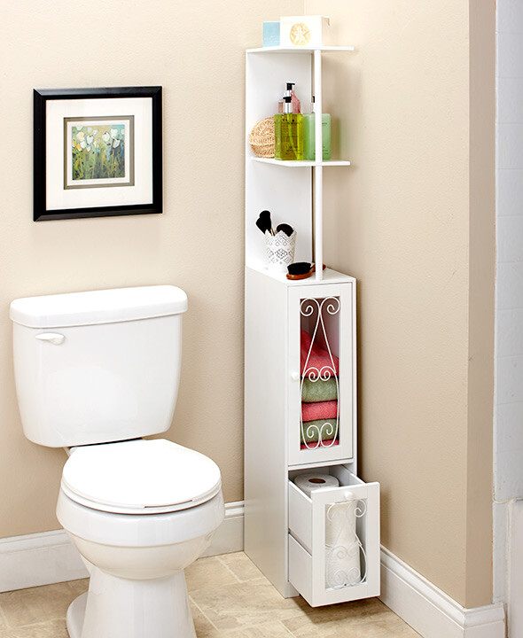 Tall White Storage Cabinet Slim Tower Bathroom Organizer Narrow