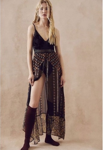 

Боди Free People Calypso, бархатное платье макси с вышивкой и аппликацией из бисера, Черный