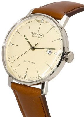 Pre-owned Annie Iron  Bauhaus Leather Strap Beige Dial Automatic 50505 Men's Watch