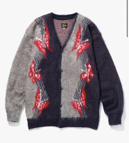 NEEDLES Mohair Cardigan Papillon Pattern Gray/Navy Size-L NEEDLES Mohair Cardigan Papillon Pattern Gray/Navy Size-L